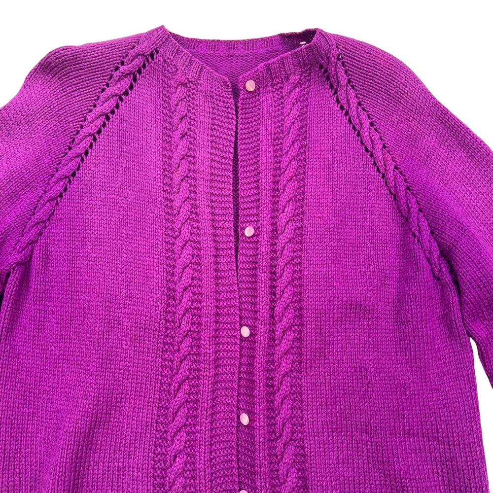 Handmade Cable Knit Cardigan Women M Magenta Purple Vintage Sweater Grandma Cozy